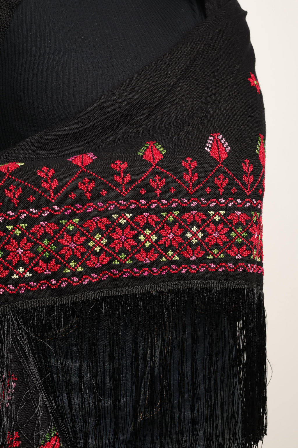 Black Wrap Shawl - Palestinian Handmade Embroidery