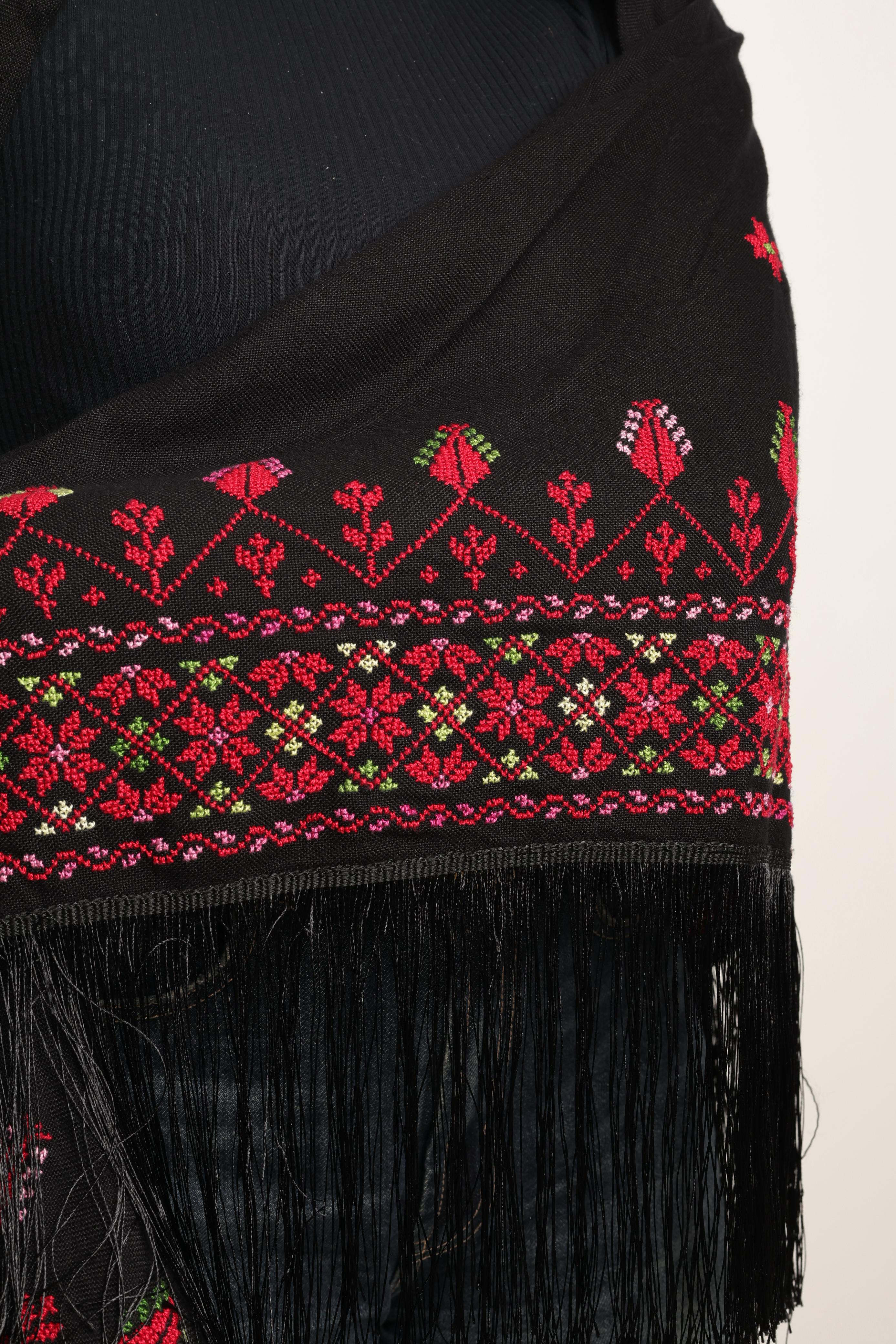 Black Wrap Shawl - Palestinian Handmade Embroidery