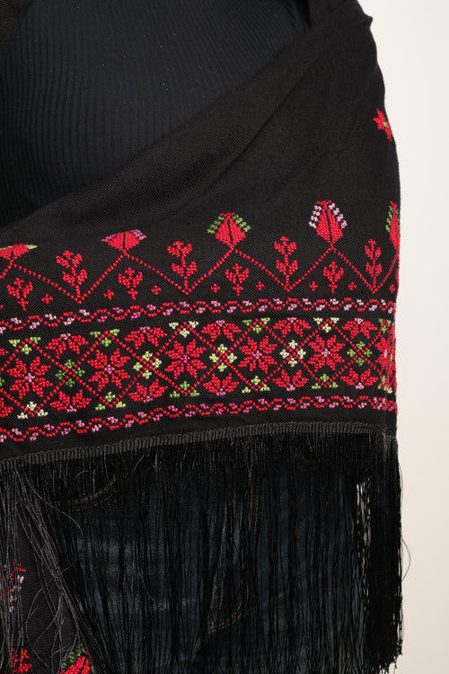 Black Wrap Shawl - Palestinian Handmade Embroidery