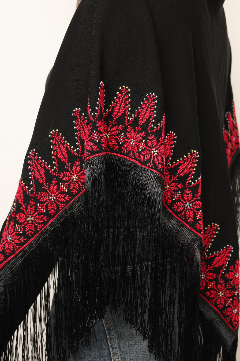 Black Wrap Shawl - Palestinian Handmade Embroidery