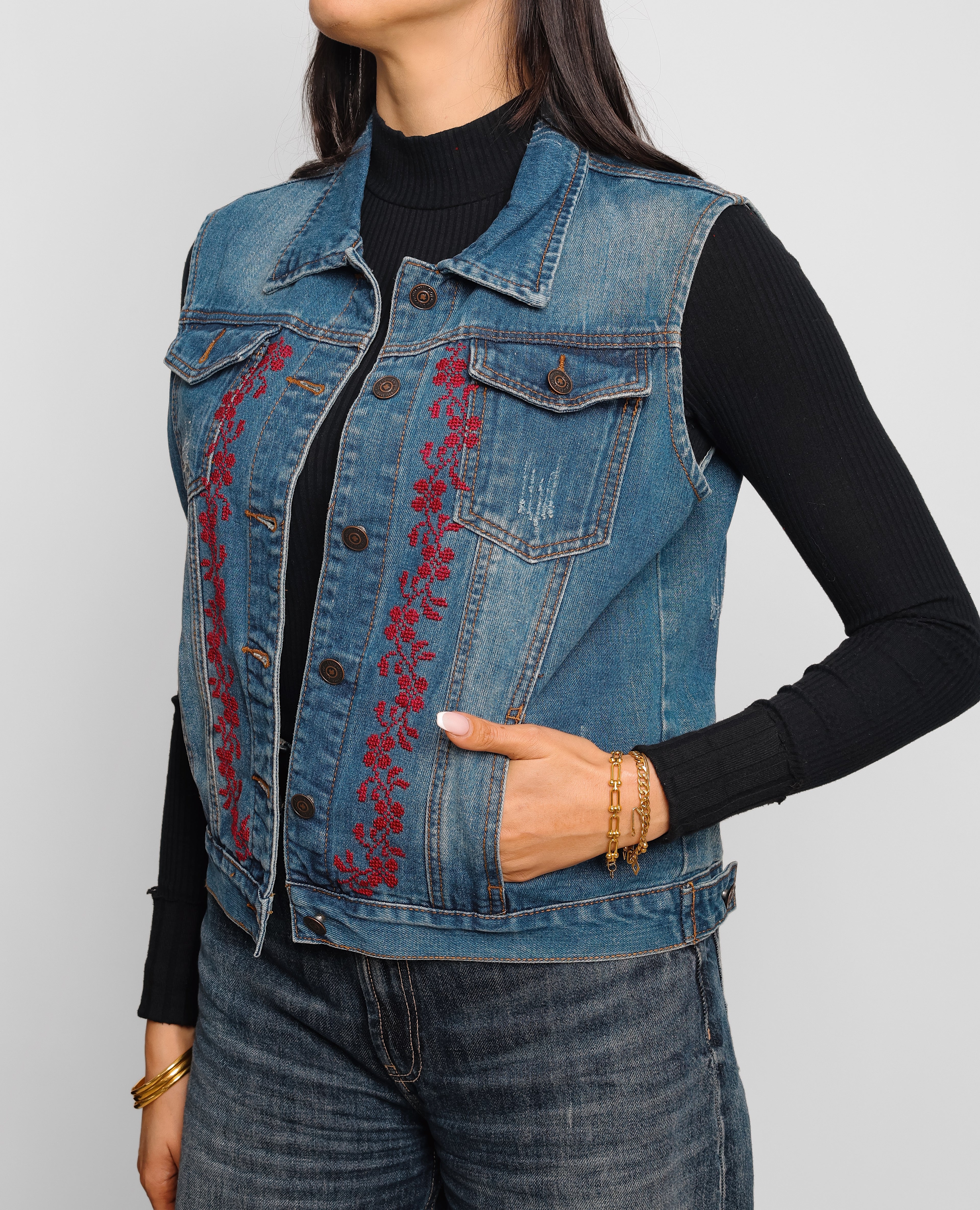 Embroidered Denim Vest — Palestinian Handmade Detail