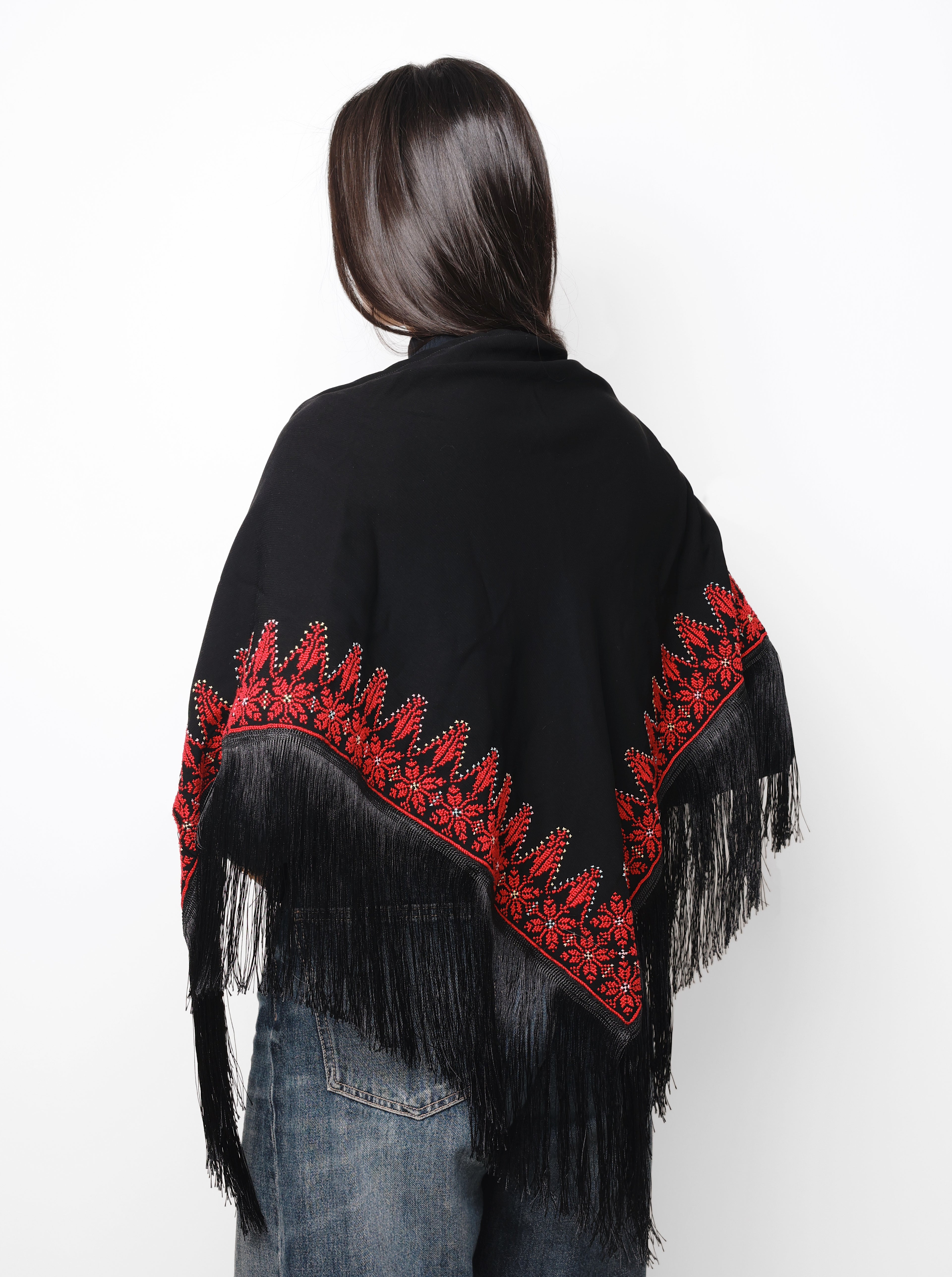 Black Wrap Shawl - Palestinian Handmade Embroidery