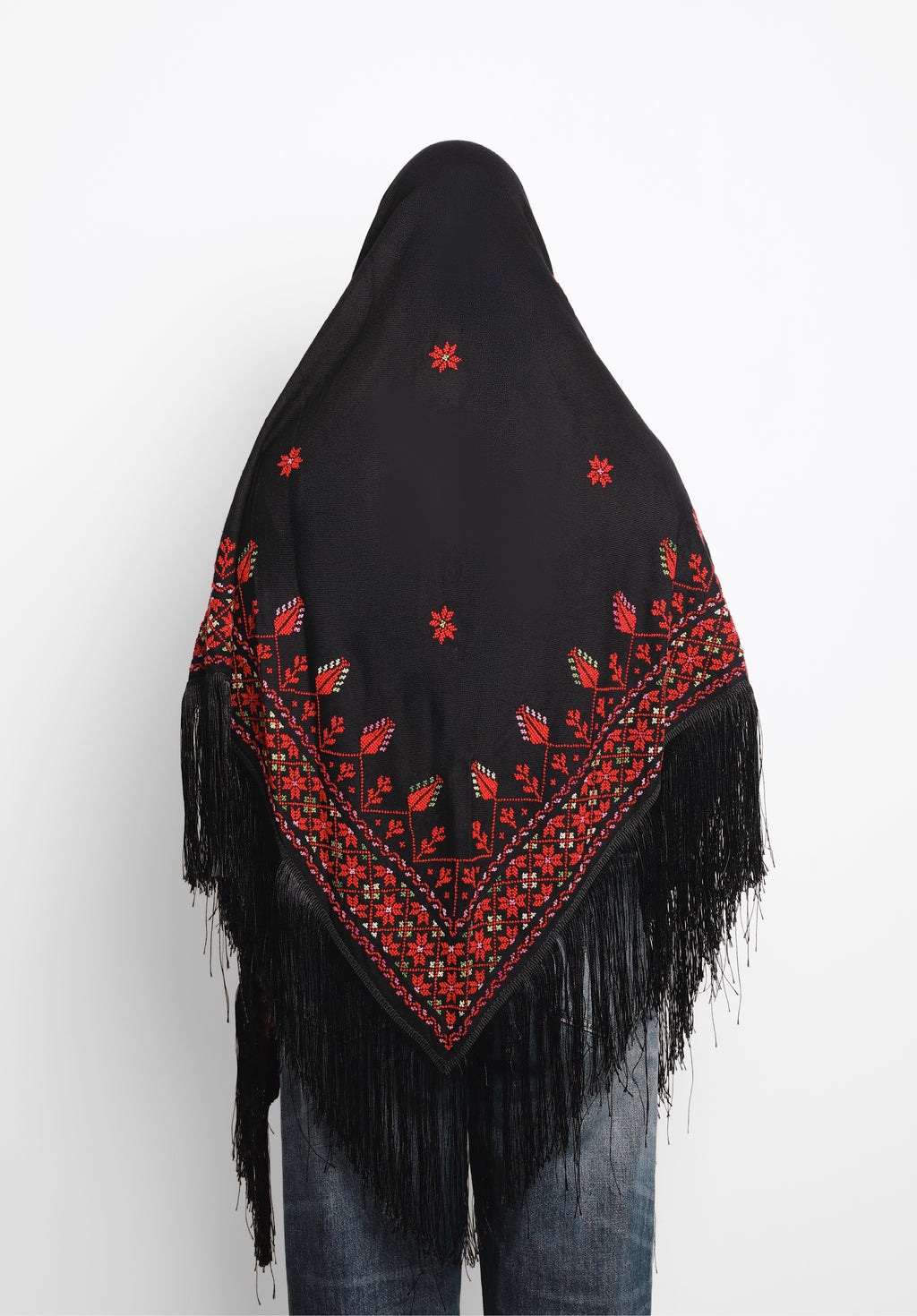 Black Wrap Shawl - Palestinian Handmade Embroidery